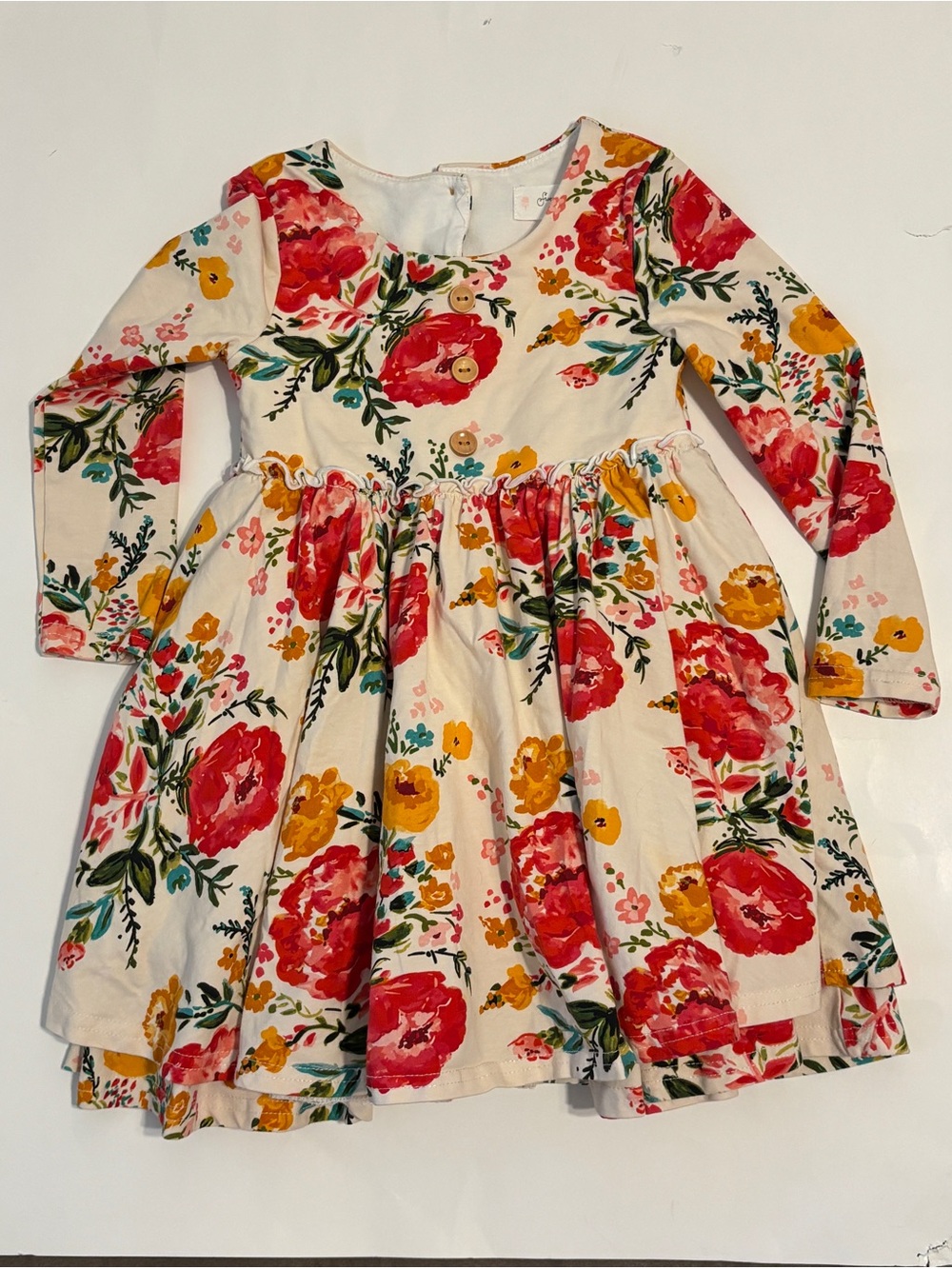 SweetHoney Cream Floral Long Sleeve Dress with Red & Yellow Blooms